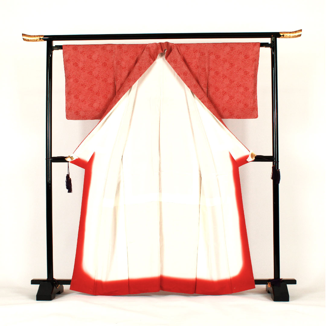 Komon, Length 164cm, Sleeve length 64cm, Awase, Butterfly and peacock feathers, Pure silk, S rank, Vermilion, 1115000572316