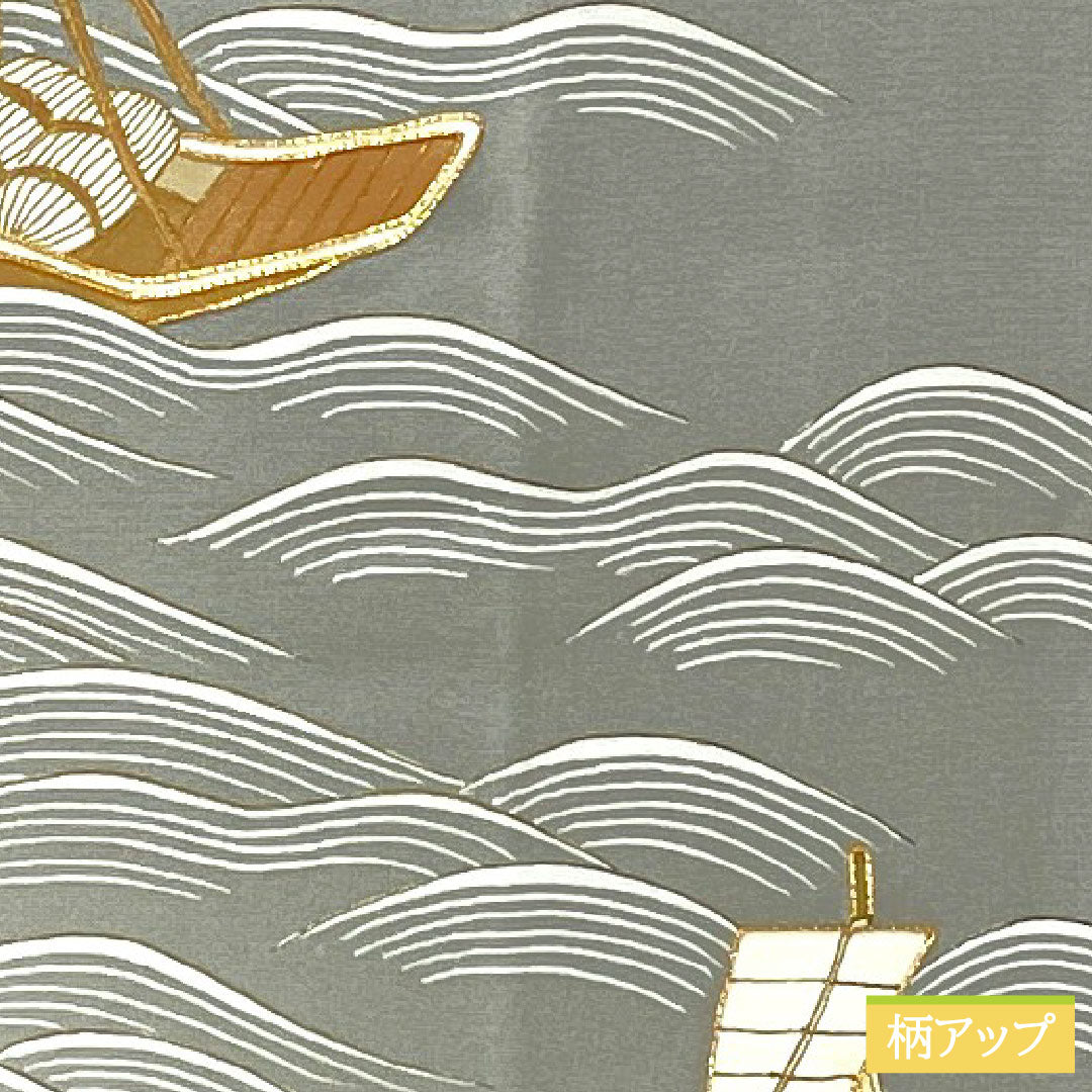 Colored Tomesode, pure silk, length 161cm, sleeve length 63cm, lined, light gray, Kyoto Yuzen, wave, sailboat, one crest, five-three paulownia, Queen pearl finish, A rank, gray, 1111001433422
