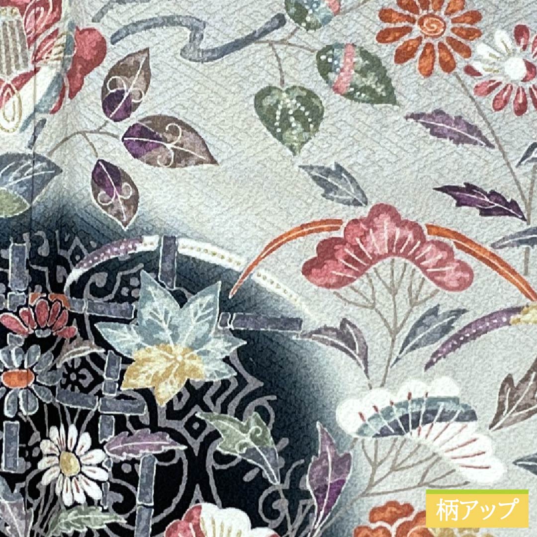 Visiting Kimono, Pure Silk, S Rank, Lined, Length 160cm, Sleeve Length 64cm, Kyoto Yuzen, Wisteria and Cherry Blossom Design, Gray, Product Number: 1112006302422