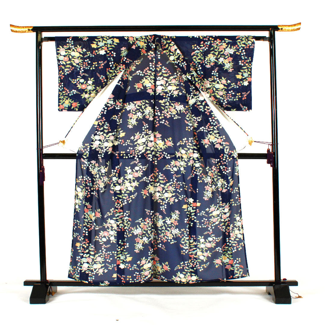 小紋 身丈159cm 裄丈62cm 絽  駒絽 花模様  正絹 Aランク 紺系 1115000743318