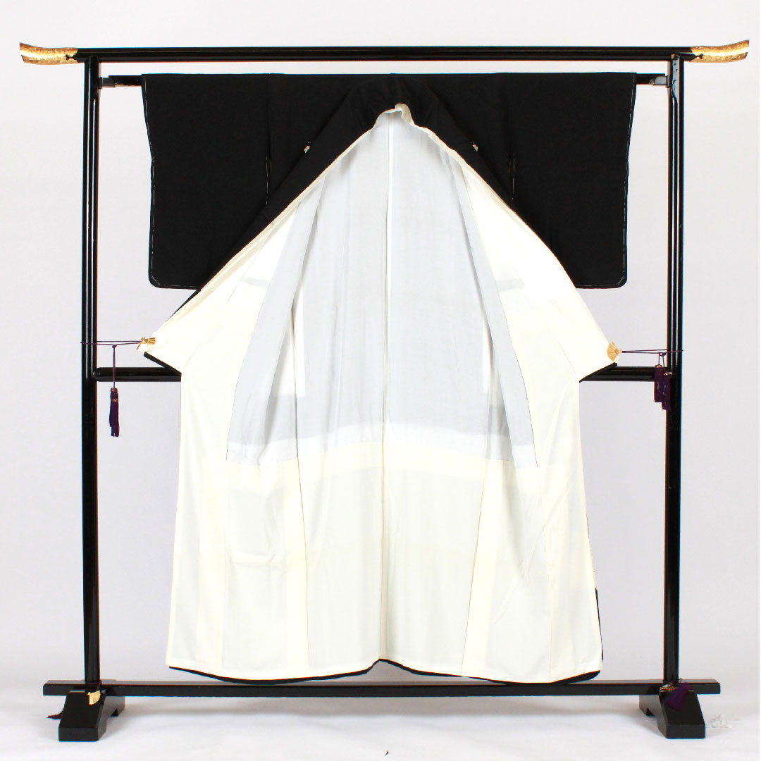 Black Tomesode, Length 155.5cm, Sleeve Length 61.5cm, Awase, Kyo-Yuzen, Crane, Katabami, Pure Silk, B Rank, Five Crests, Black, 1111000344310