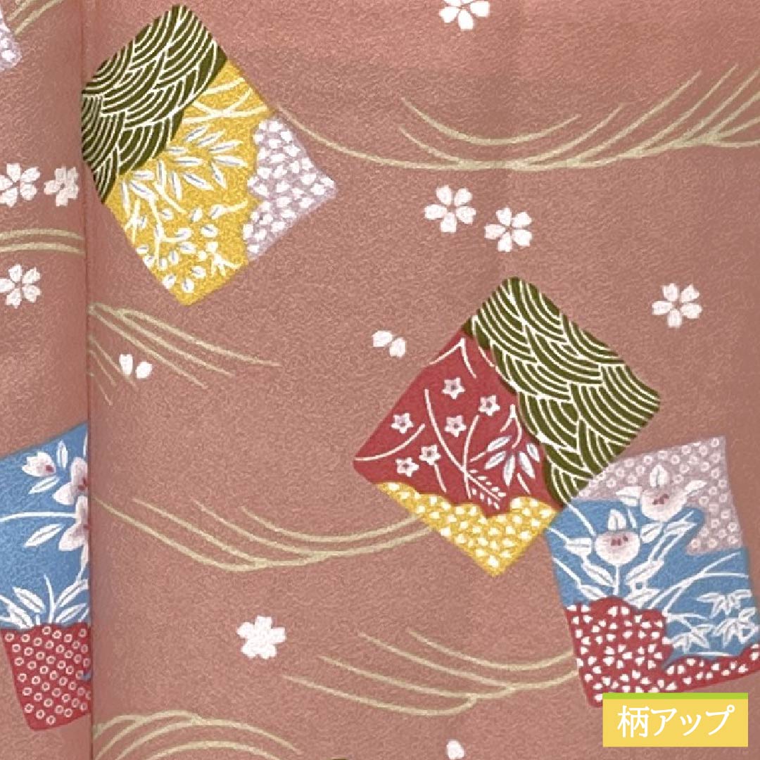 Small-patterned kimono, polyester, S rank, length 165.5cm, sleeve length 66cm, lined, pale pink plum color (usukoubaiiro), classic pattern, with basting thread, washable, pink, 1115007042513