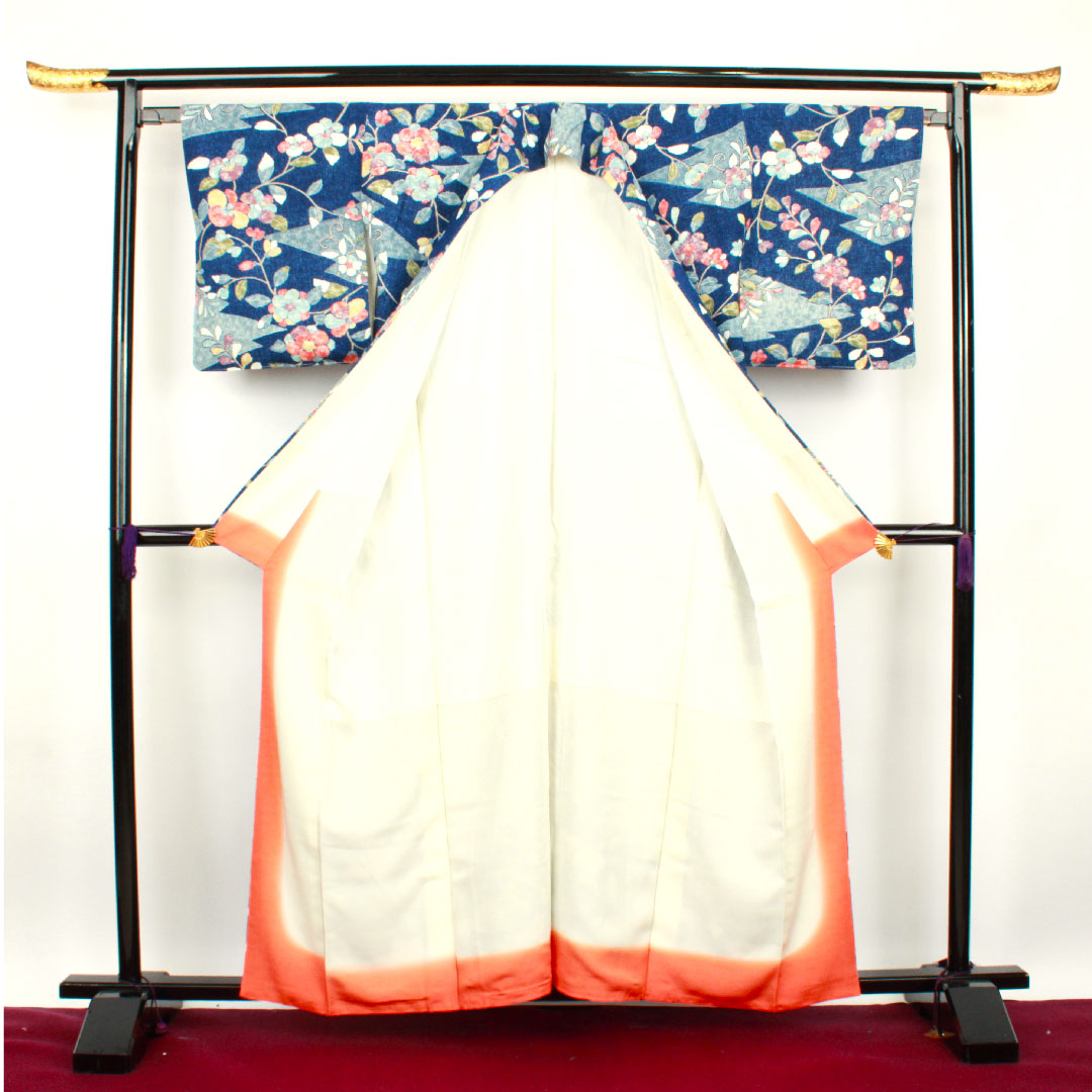 小紋 身丈158cm 裄丈64cm 袷  紺桔梗色 草花模様  正絹 Sランク 紺系 1115002512318