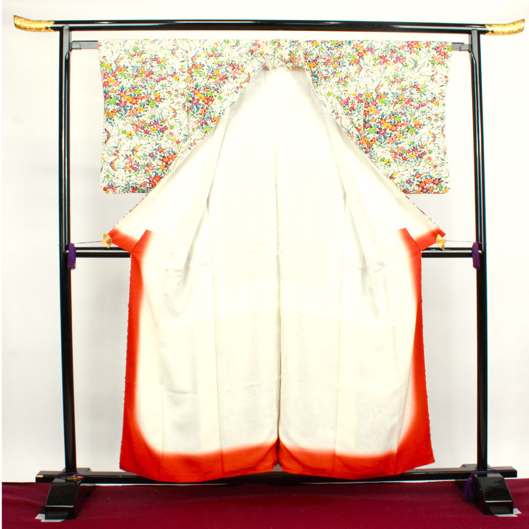 小紋 身丈156cm 裄丈60cm 袷  胡粉色 草花模様  正絹 Aランク 白系 1115003073311