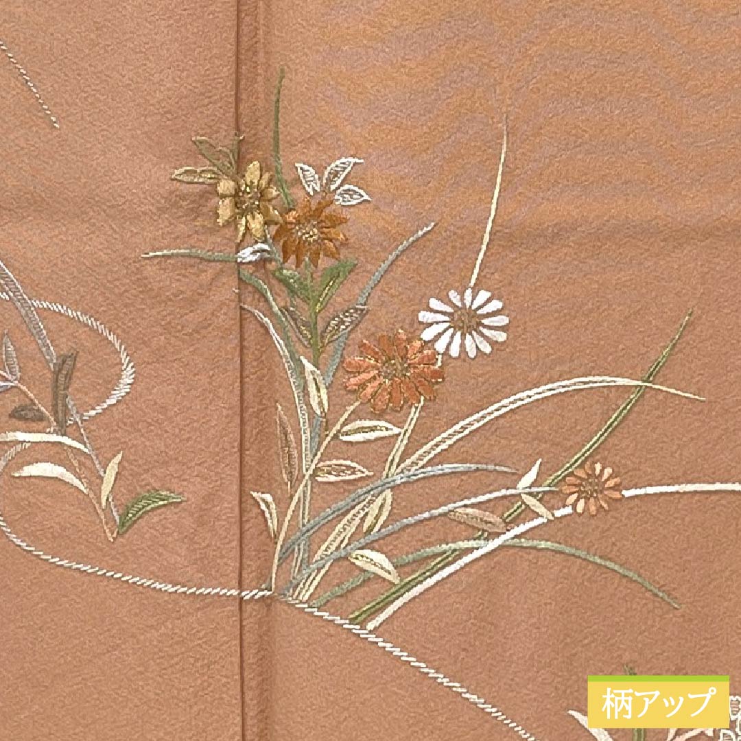 訪問着 正絹 Sランク 袷 身丈157.5cm 裄丈63cm 鮭色（さけいろ） 丸に蔦 付下げ 一つ紋 刺繍 草花 ピンク系 1112006332313