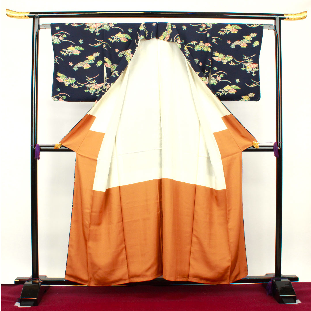 小紋 身丈155cm 裄丈63cm 袷  濃紺色 型染  正絹 Aランク 紺系 1115002983318