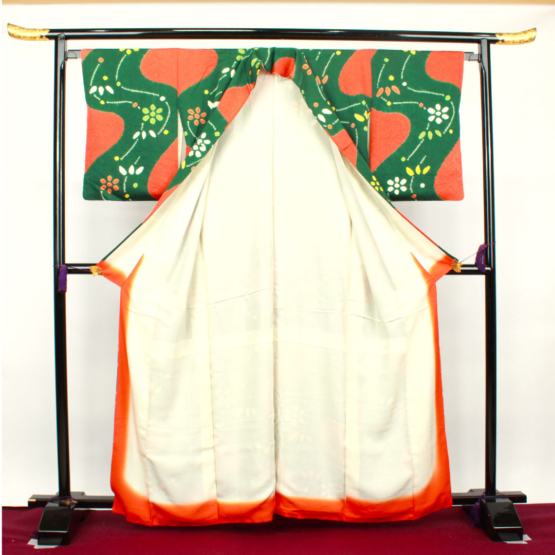 小紋 身丈157cm 裄丈64cm 袷  天鵞絨色 絞り 抽象模様  正絹 Aランク 緑系 1115002963319