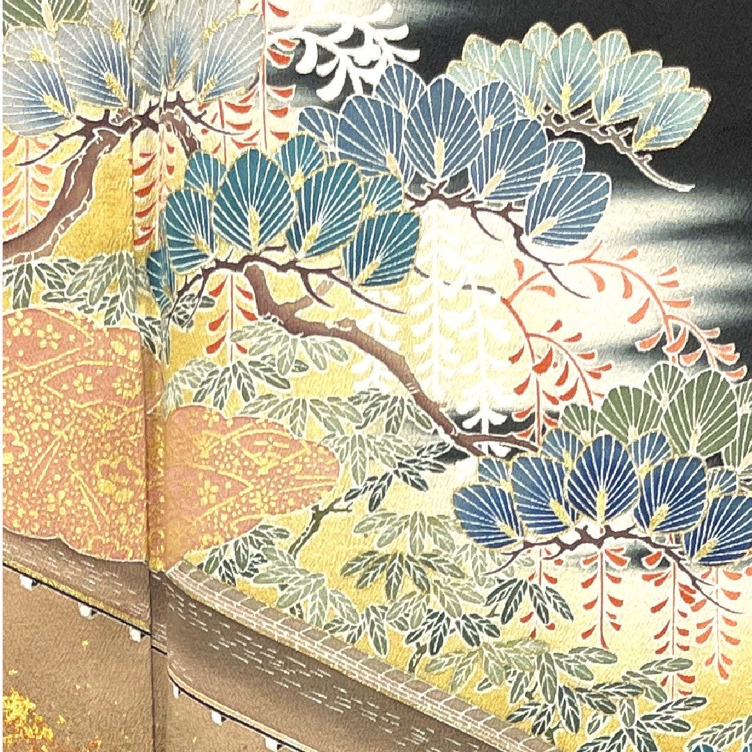 Black formal kimono, length 152cm, sleeve length 63cm, lined, artist's work, Kyoto Yuzen, rock garden pattern, bellflower, pure silk, A rank, five crests, black, 1111000923210