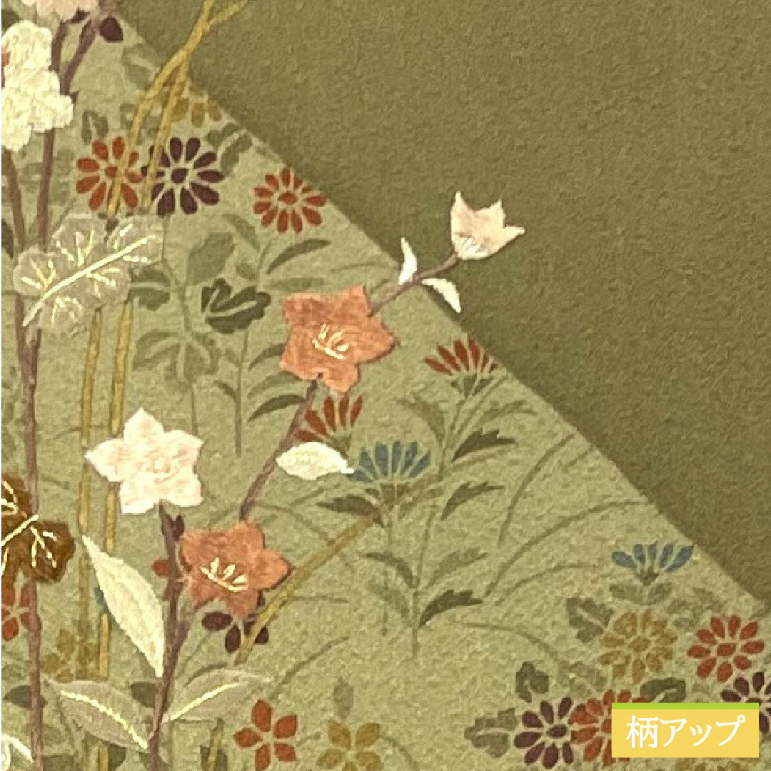 Homongi, pure silk, lined, length 154cm, sleeve length 63cm, kobi chairo (light brown), floral pattern, with basting thread, A rank, green, 1112004523219