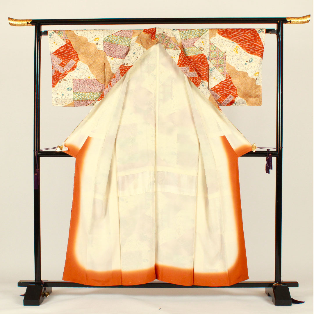 小紋 身丈157cm 裄丈65.5cm 袷  辻ヶ花 七宝 染疋田  正絹 Aランク クリーム系 1115001993315