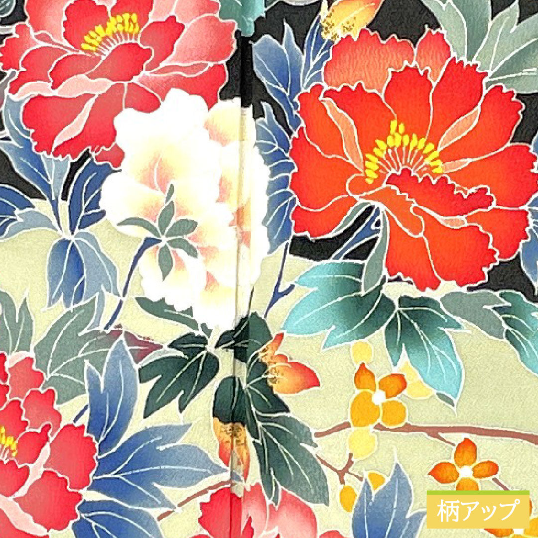 黒留袖 正絹 身丈158.5cm 裄丈62cm 袷 京加賀友禅 草花模様 作家物 五つ紋 花菱 Aランク 黒系 1111001673310
