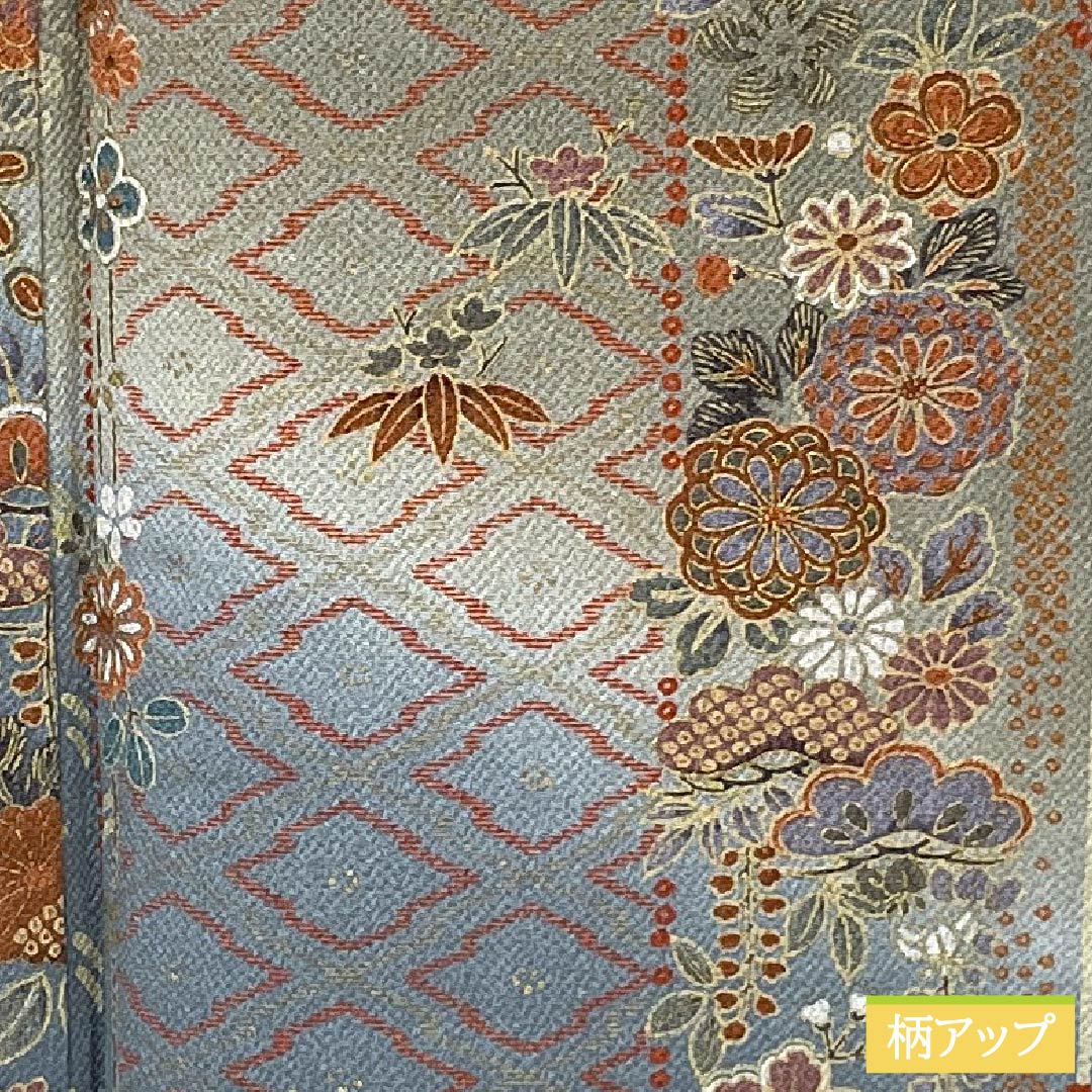 訪問着 正絹 袷 身丈160.5cm 裄丈65.5cm 利休鼠色（りきゅうねずみいろ） 型染 縞 花柄 Sランク グレー系 1112006042422