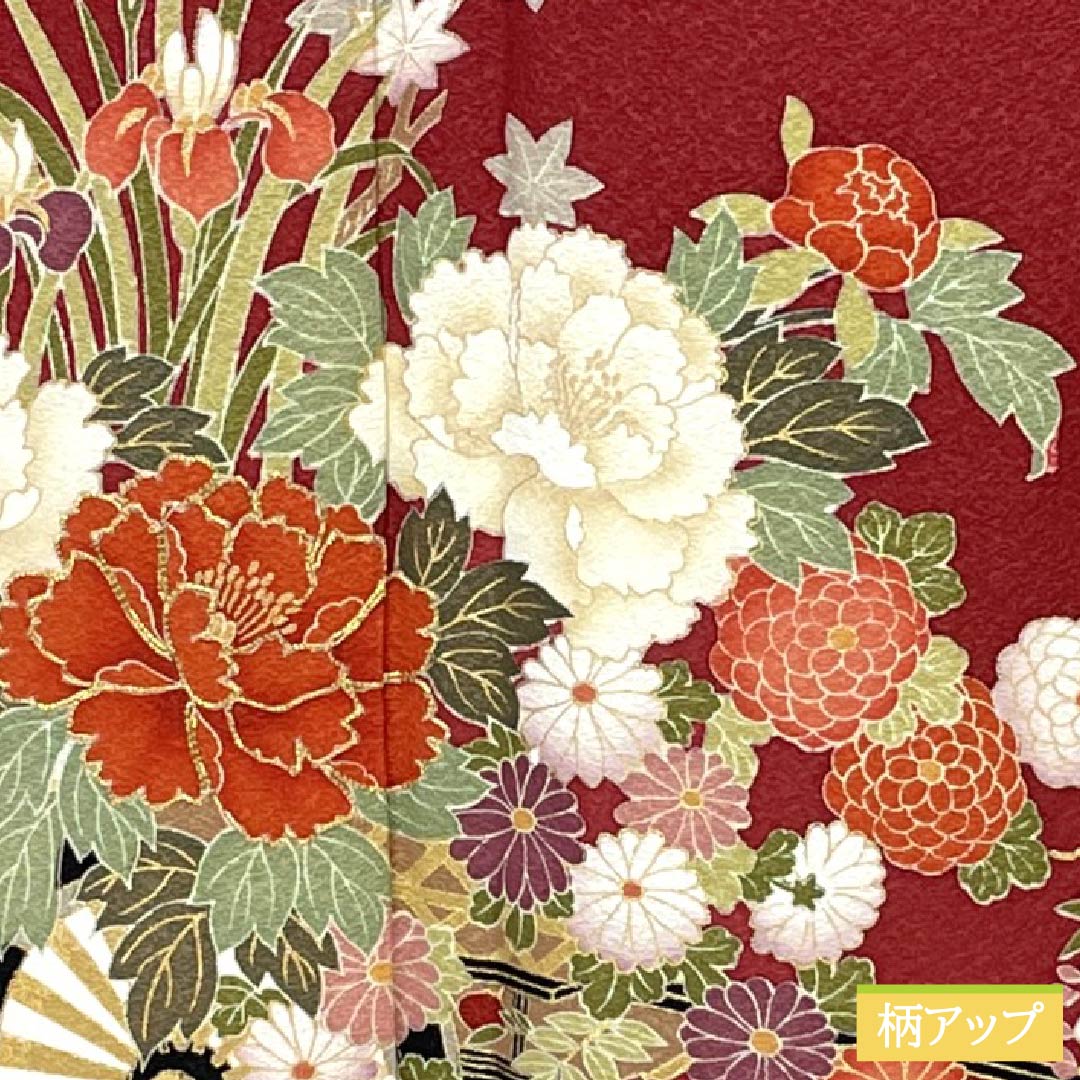 Furisode Pure Silk S Rank Length 163cm Sleeve length 67.5cm Lined Deep Red Kyo-Yuzen Flower Cart Red 1113002892412