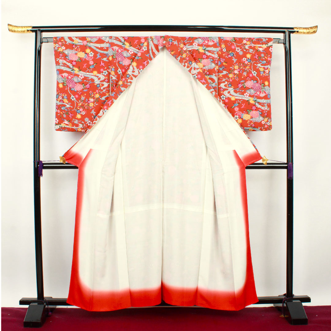 小紋 身丈157.5cm 裄丈64.5cm 袷 赭色 京紅型 草花模様  正絹 Sランク 茶系 1115002462314