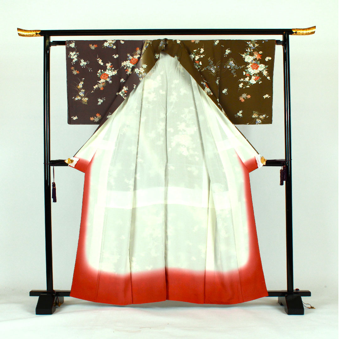 小紋 身丈164cm 裄丈67cm 袷  染め分け 草花模様  正絹 Sランク 緑系 1115001392419