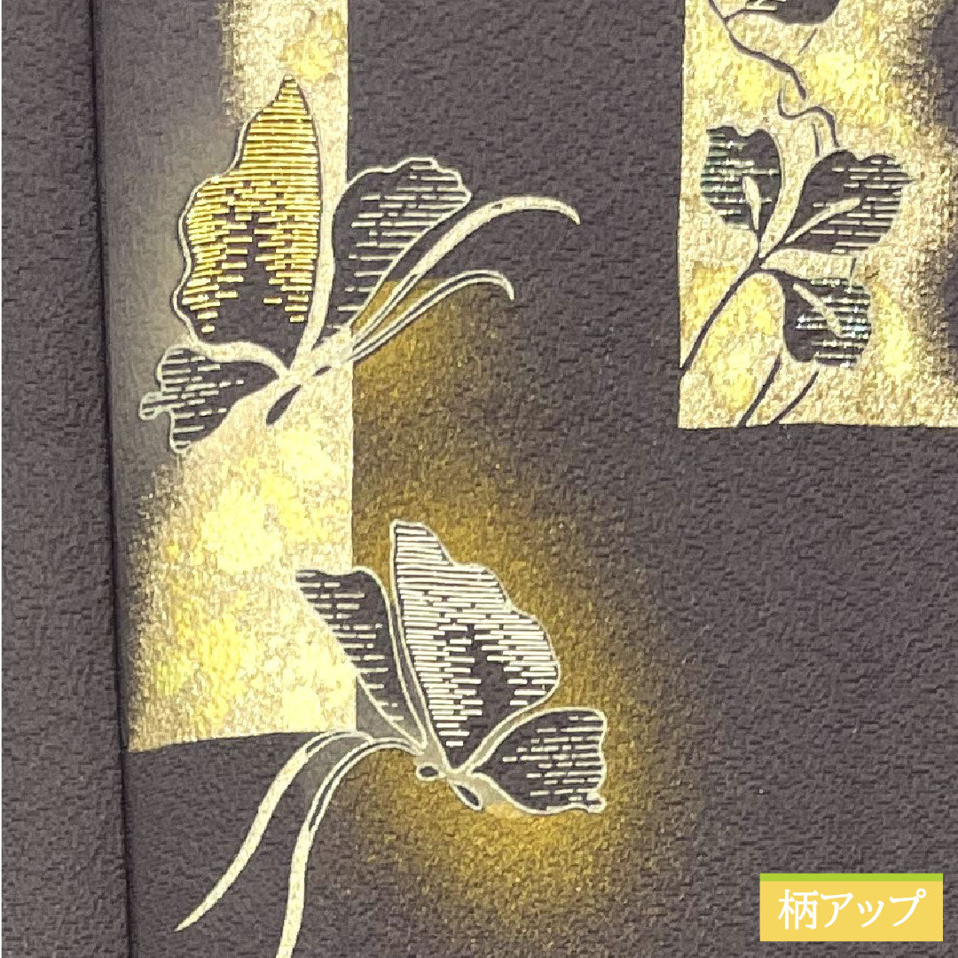 Homongi, pure silk, lined, length 161cm, sleeve length 66.5cm, dark blue, Kyo-Yuzen, butterfly, ivy, flowing water, S rank, gray, 1112004162422