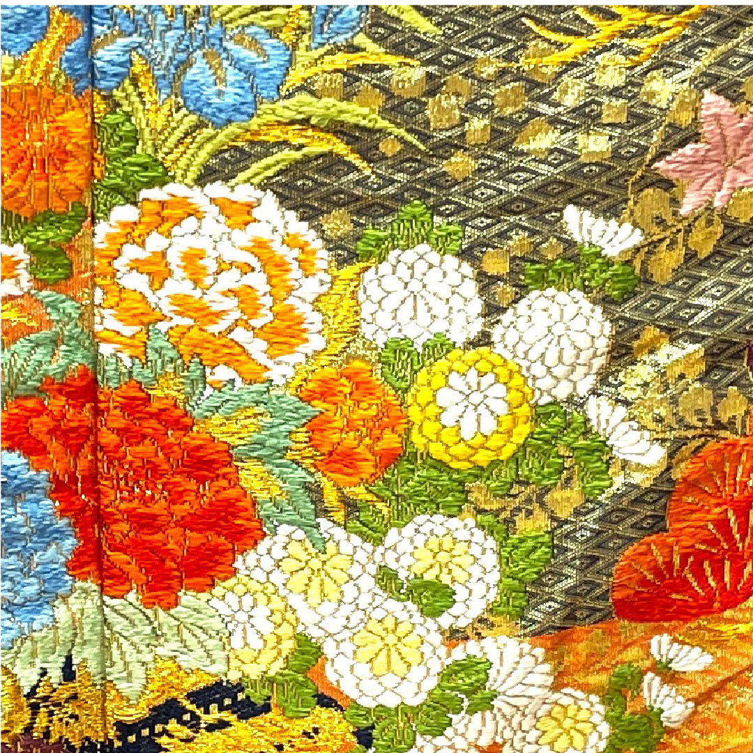 色打掛 身丈195cm  唐織 松 菊 花車 正絹 Sランク 袷 朱系 1110000412916