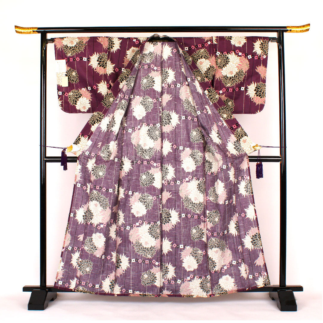 (New old stock) Yukata, Chrysanthemum, Cotton, S rank, Single layer, Length 163.5cm, Sleeve length 67cm, Purple, 1118000152420