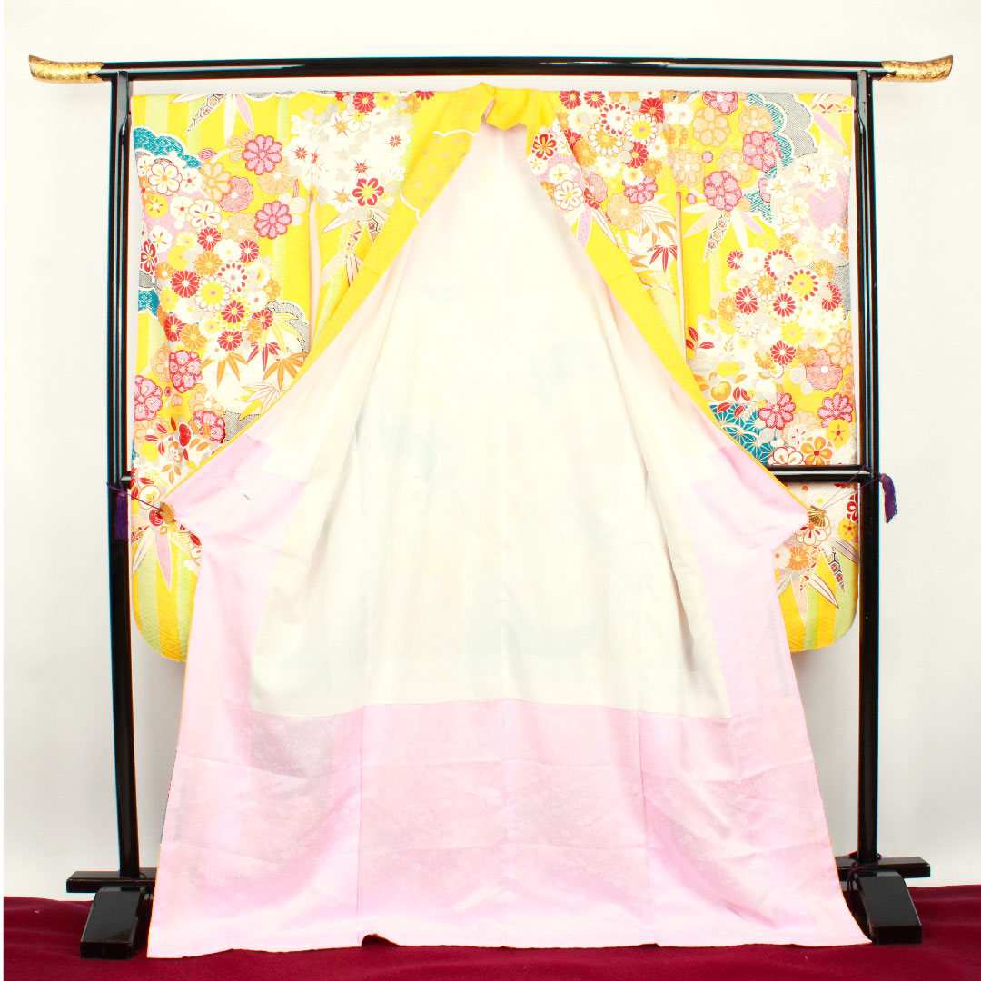 振袖 身丈177cm 裄丈70cm 袷  向日葵色 京友禅 菊 竹  正絹 Sランク 黄系 1113000942823