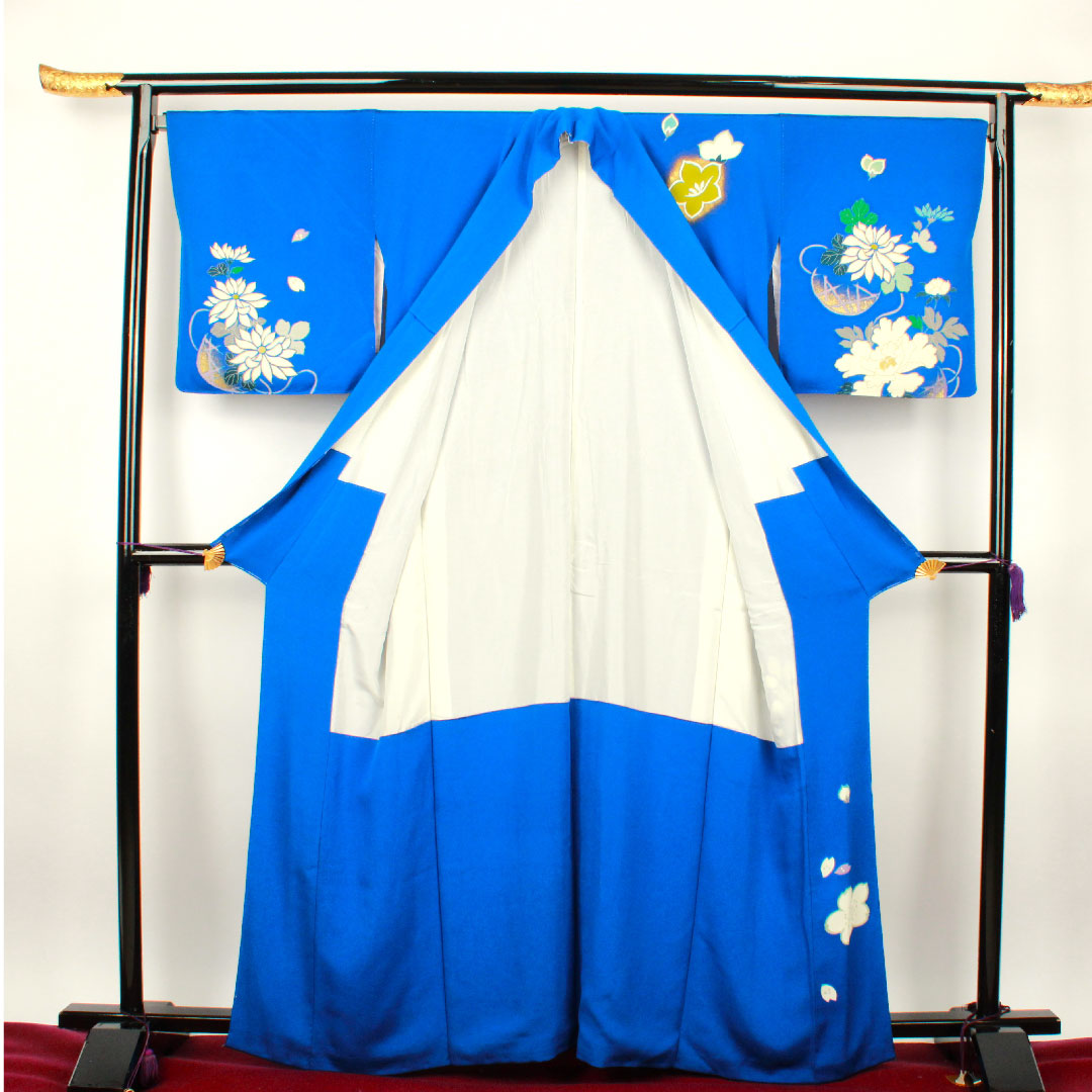 訪問着 袷 身丈163cm 裄丈68cm 瑠璃紺色 桜 菊 椿 正絹 Aランク 青系 1112001683417