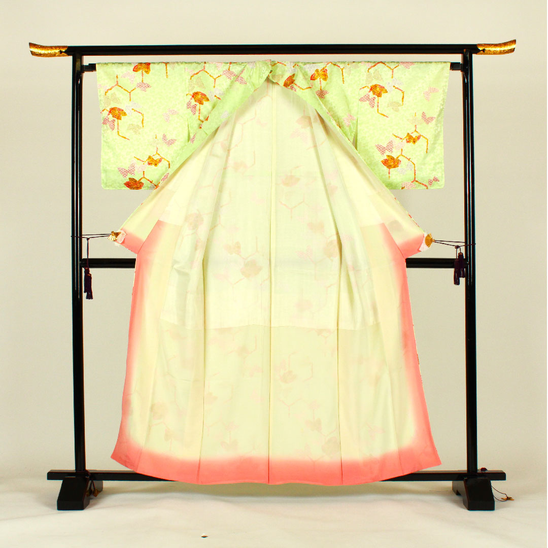 Small pattern, Length 161cm, Sleeve length 66cm, Awase, Butterfly and tortoiseshell pattern, Washable kimono, Polyester, B rank, Green, 1115001014319
