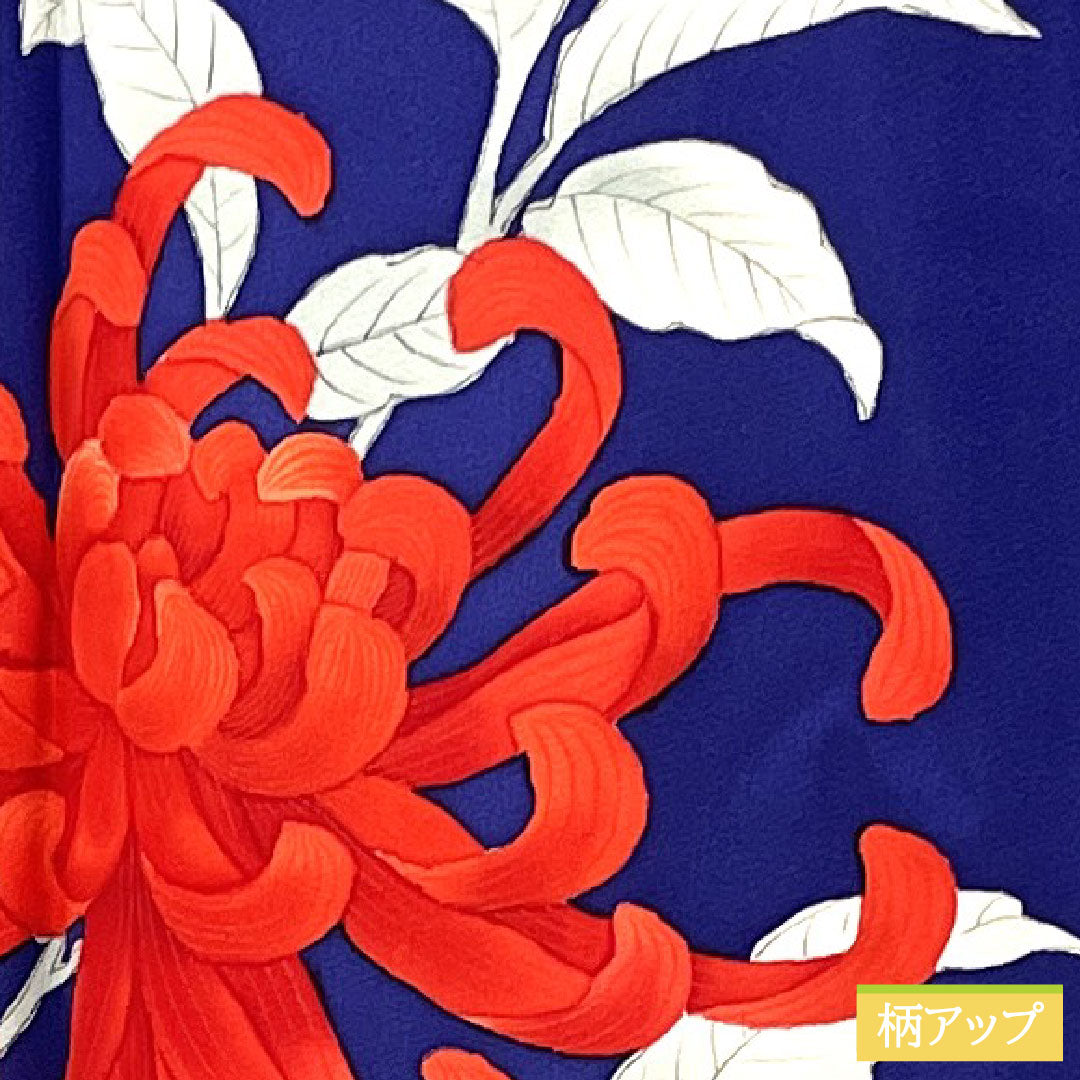 Homongi, pure silk, lined, length 163.5cm, sleeve length 65.5cm, lapis lazuli, Kyoto Yuzen, chrysanthemum, with basting thread, A rank, navy blue, 1112005283418