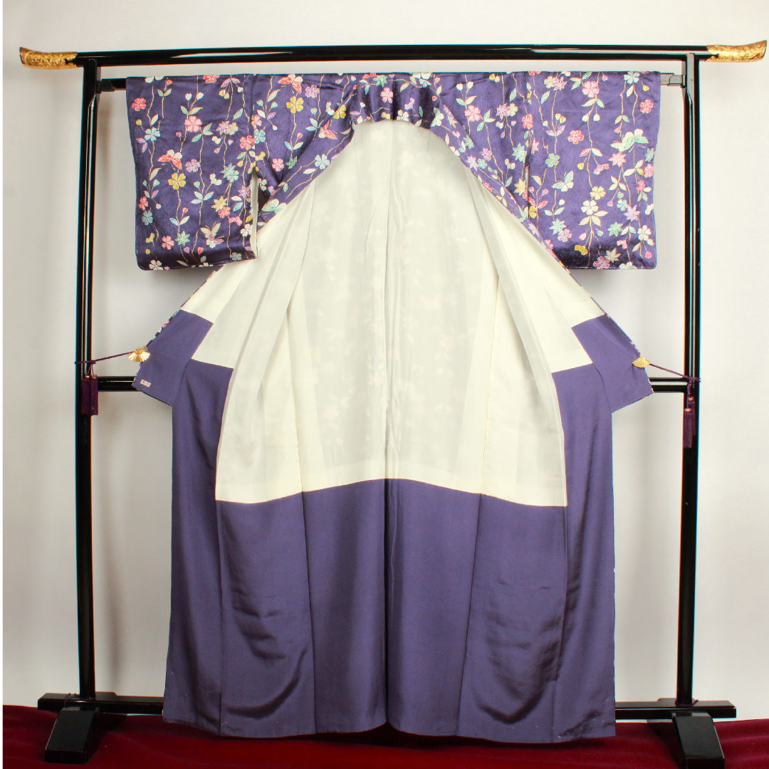 小紋 身丈164.5cm 裄丈65cm 袷  江戸紫色 絞り 花模様  正絹 Sランク 紫系 1115002332420