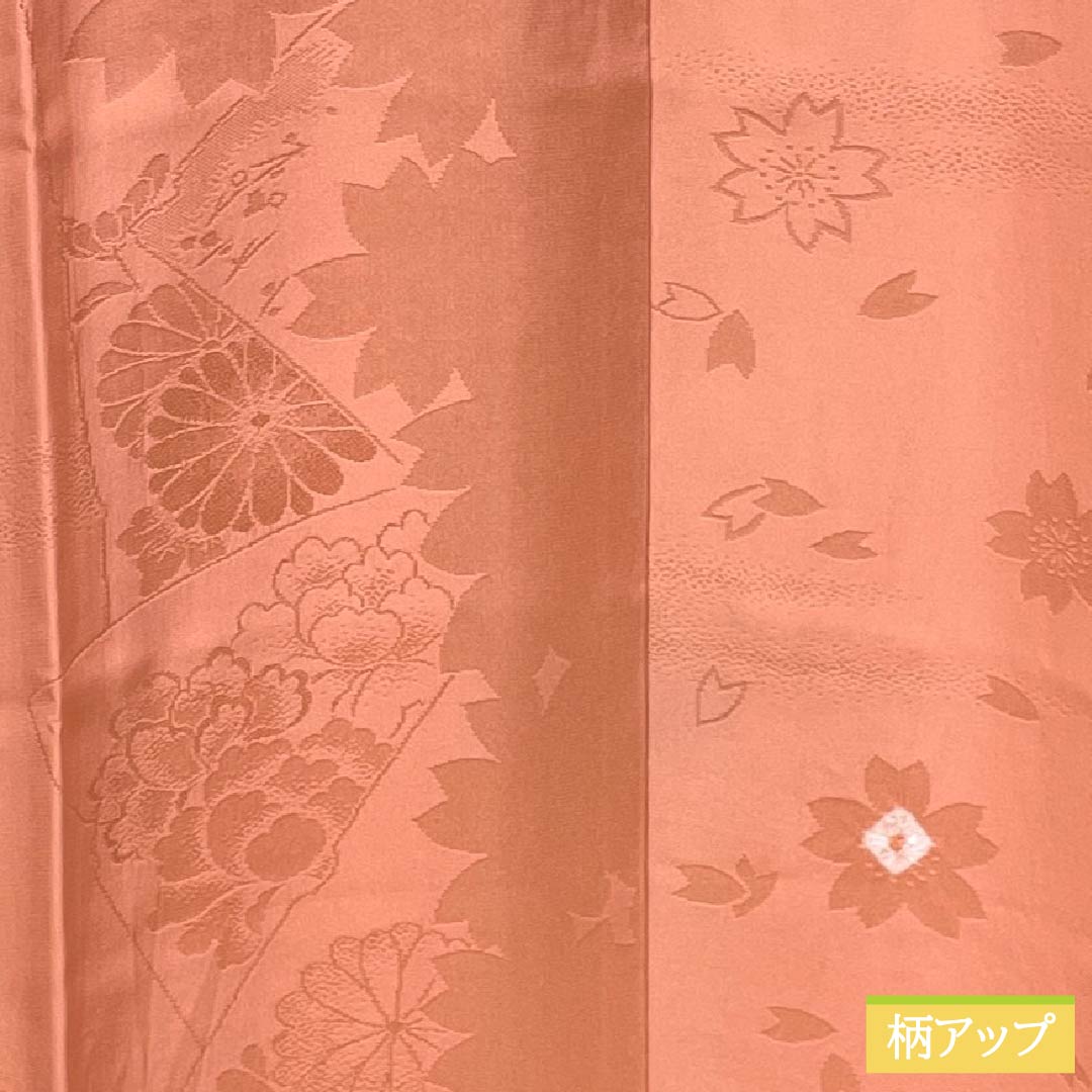 Single-layered, pure silk nagajuban (long undergarment), S-rank, length 137cm, sleeve length 66cm, coral-colored, with auspicious motifs, partial tie-dyeing, and an embroidered collar. Pink color. Product number: 1129000822513