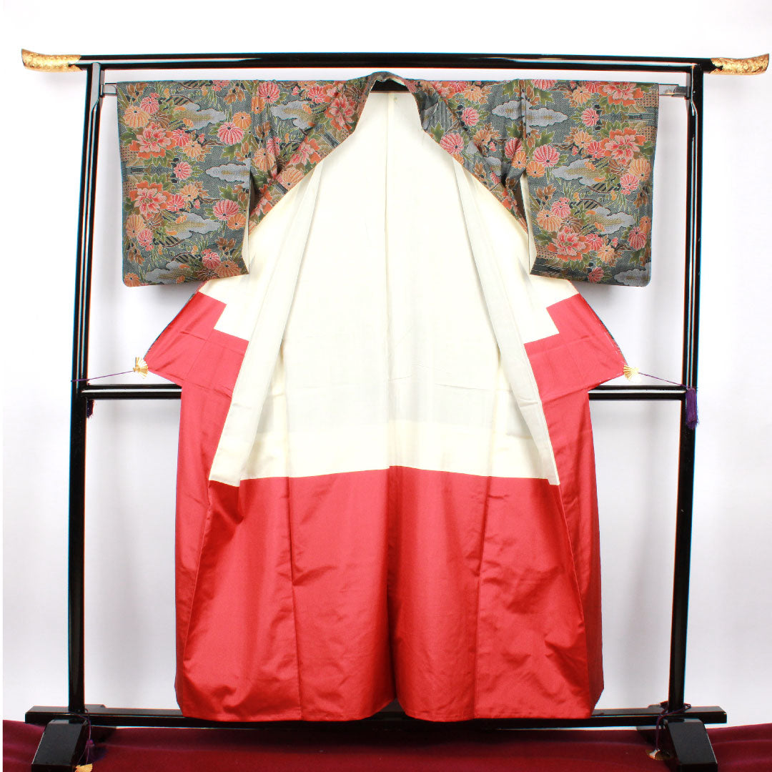 Oshima Tsumugi, Length 156.5cm, Sleeve length 64.5cm, Warp and weft ikat, Floral pattern, Pure silk, A rank, Lined, Green, 1116001853319