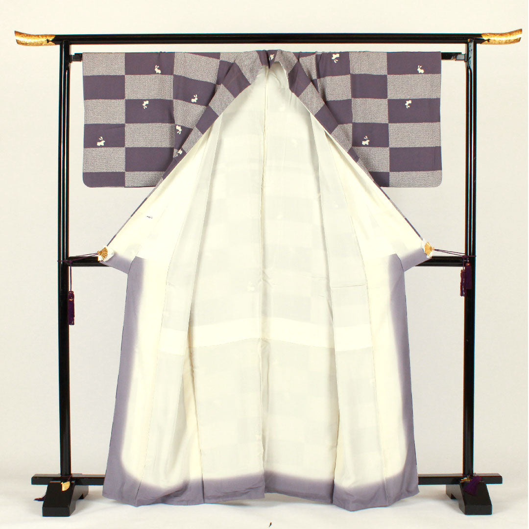 小紋 身丈164cm 裄丈66cm 袷  市松 うさぎ  正絹 Aランク 紫系 1115001933420