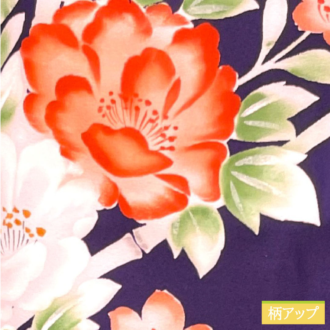 Homongi (formal kimono) made of polyester, lined, length 155.5cm, sleeve length 64.5cm, dark blue, washable, floral pattern, tsukesage, A rank, purple, 1112004233320