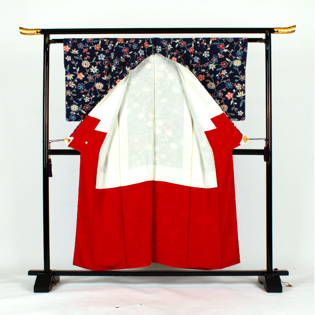 小紋 身丈155cm 裄丈62cm 袷  京紅型 松竹梅 花模様  正絹 Sランク 紺系 1115001202318