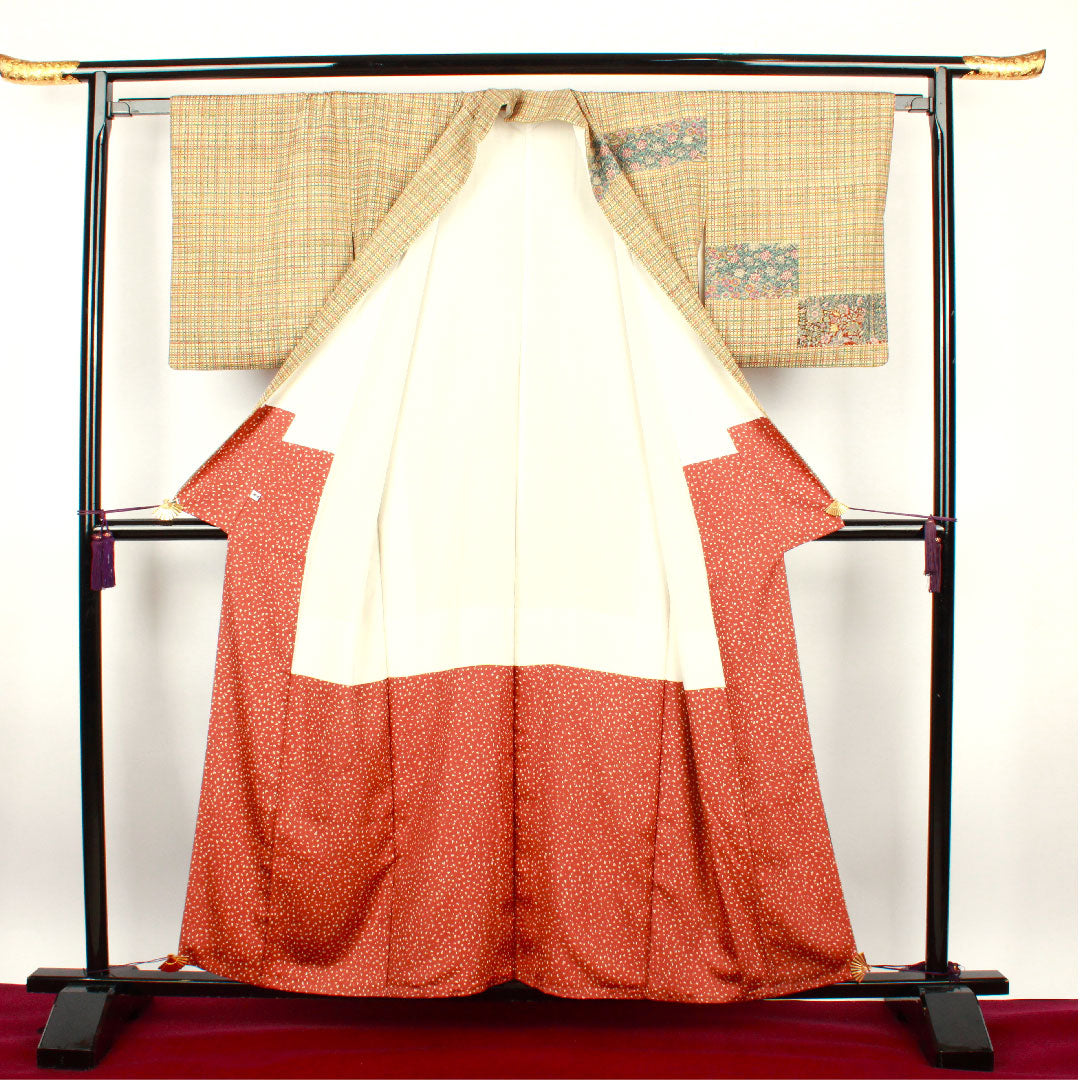 Homongi, lined, length 151.5cm, sleeve length 63cm, chintz pattern, checkered, lacquered color, pure silk, A rank, cream color, 1112001473215