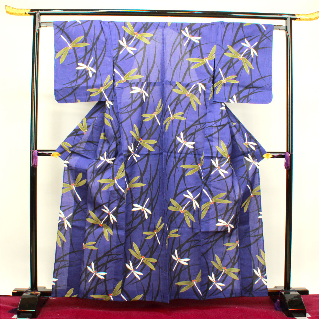 Yukata with basting thread, unused, blue-purple, dragonfly, cotton, S rank, single layer, length 162cm, sleeve length 64.5cm, purple, 1118002882420