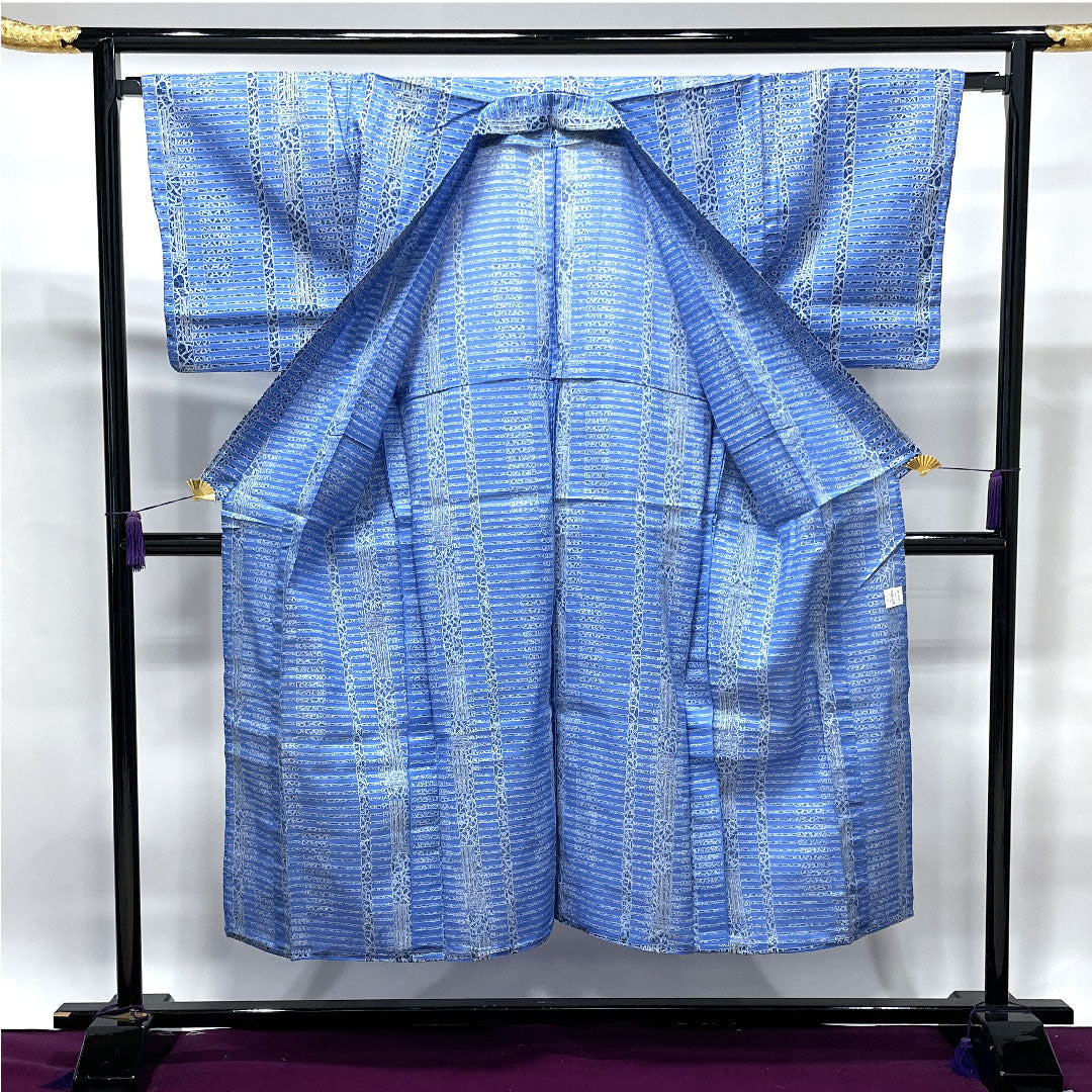 メンズ浴衣 露草色 幾何学模様 木綿 Sランク 単衣 身丈147cm 裄丈69cm 青系 1118002322117