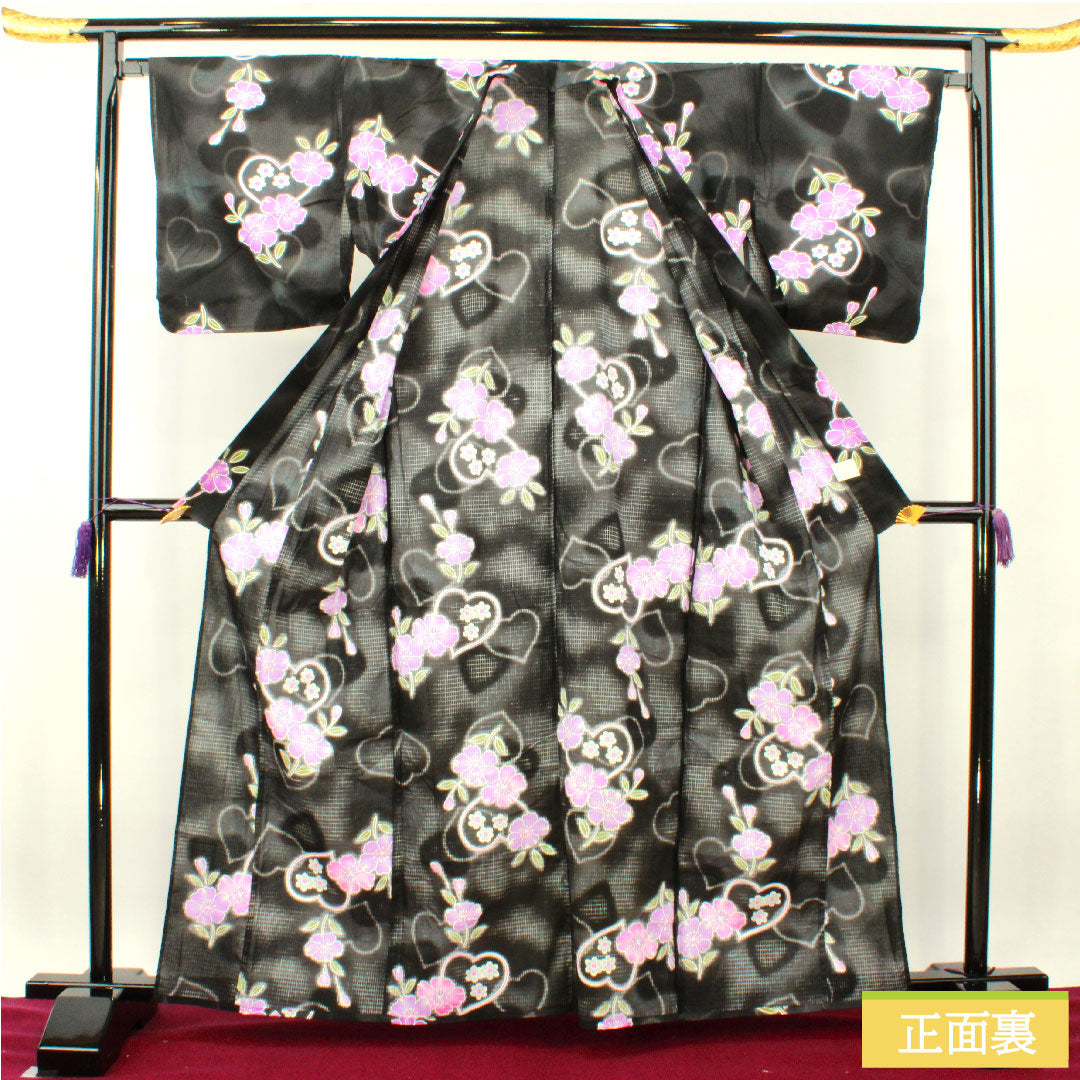 Yukata Cotton Length 163.5cm Sleeve length 67cm S rank Single layer Black Heart Cherry blossom 1118005152410