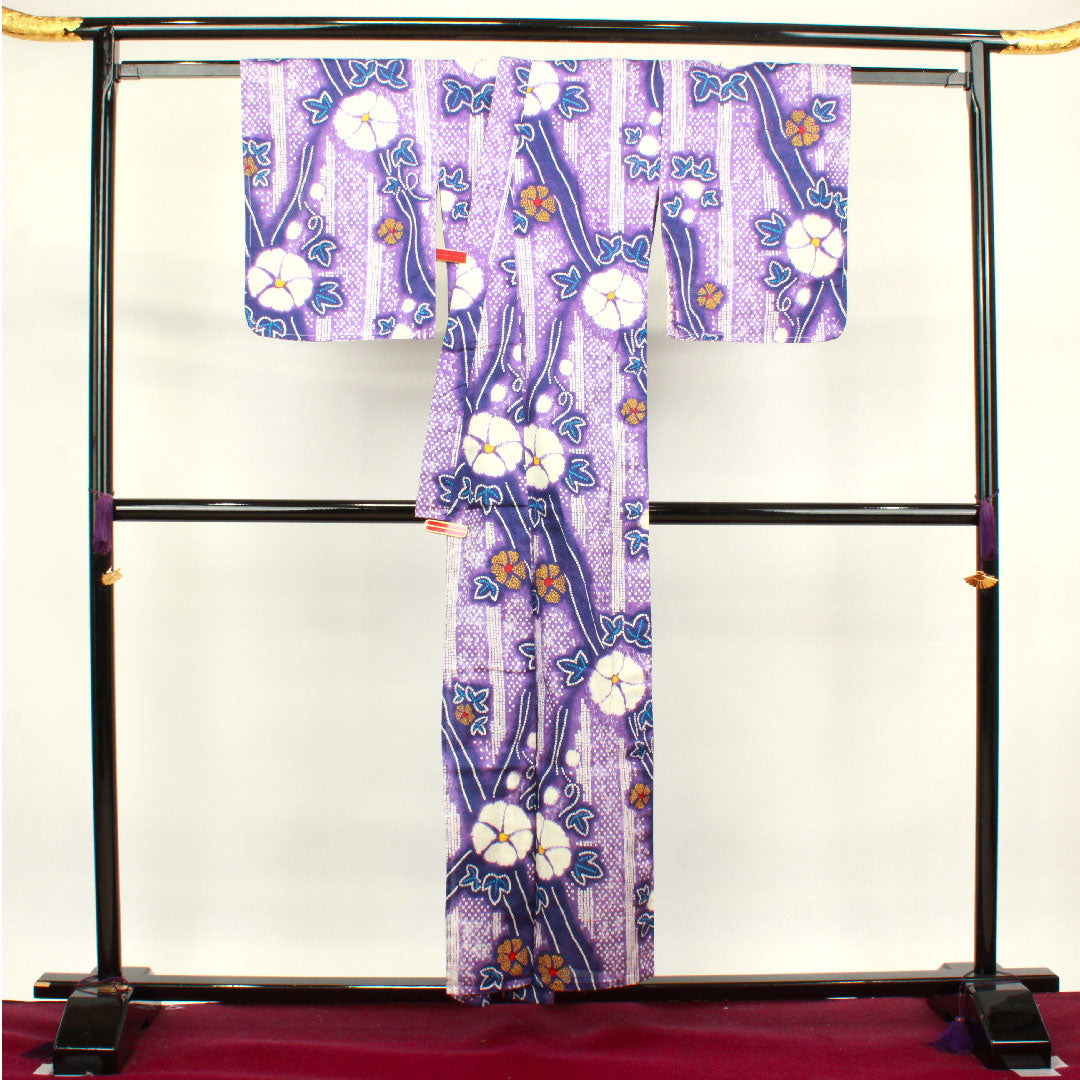 浴衣 しつけ糸付き 未使用品 葡萄紫色 朝顔 木綿 Sランク 単衣 身丈155cm 裄丈62.5cm 紫系 1118003172320