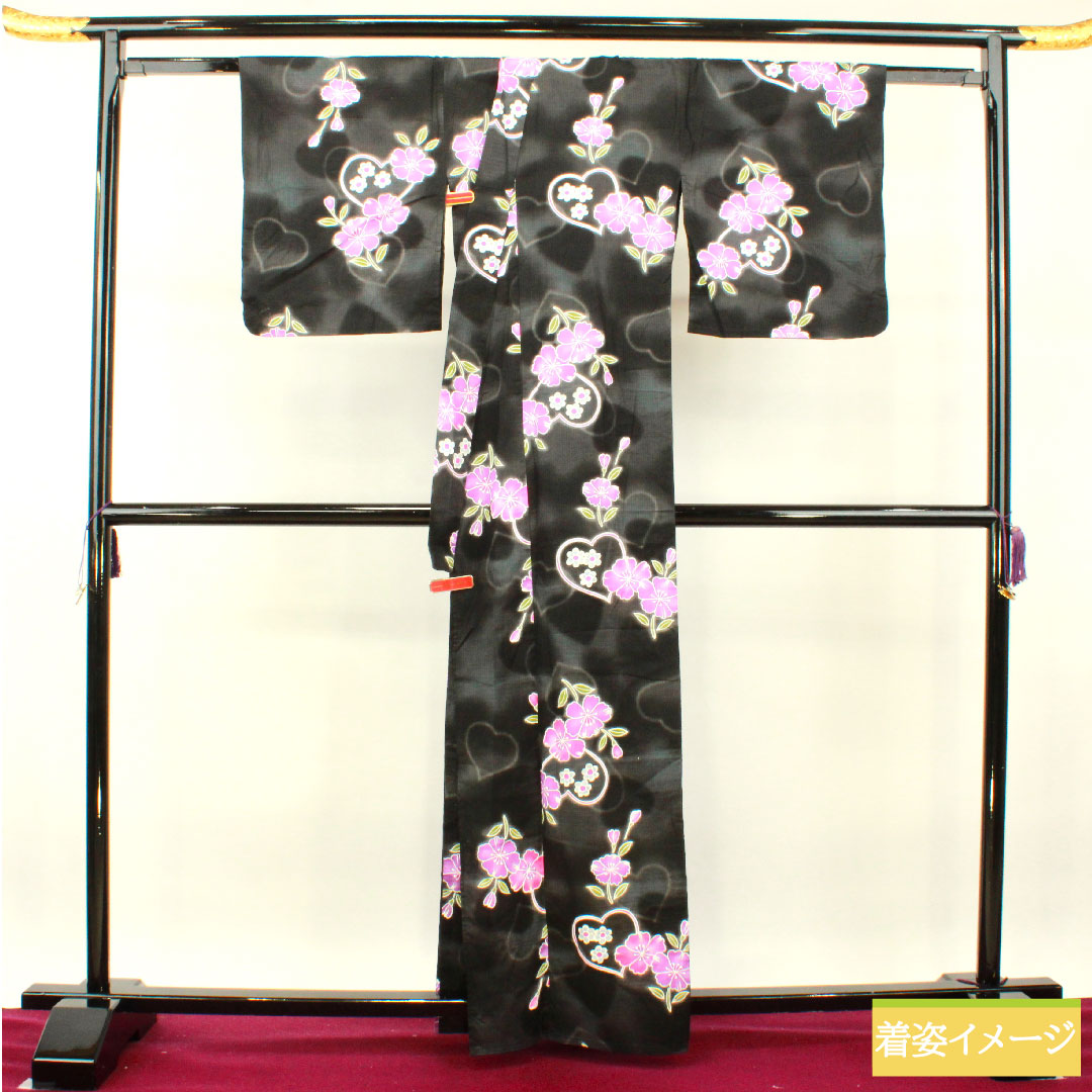 Yukata Cotton Length 163.5cm Sleeve length 67cm S rank Single layer Black Heart Cherry blossom 1118005152410