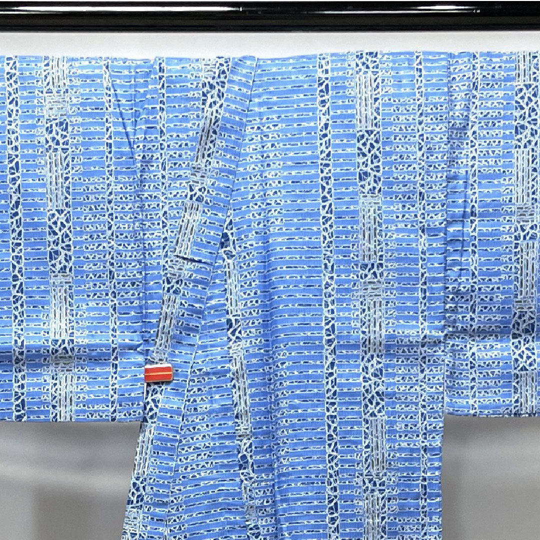 メンズ浴衣 露草色 幾何学模様 木綿 Sランク 単衣 身丈147cm 裄丈69cm 青系 1118002322117