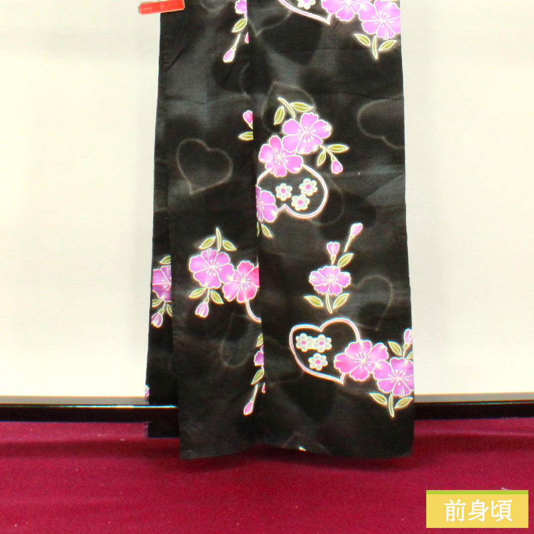 Yukata Cotton Length 163.5cm Sleeve length 67cm S rank Single layer Black Heart Cherry blossom 1118005152410