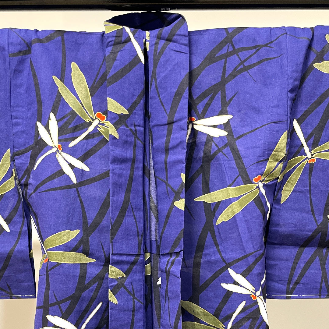 Yukata with basting thread, unused, blue-purple, dragonfly, cotton, S rank, single layer, length 162cm, sleeve length 64.5cm, purple, 1118002882420