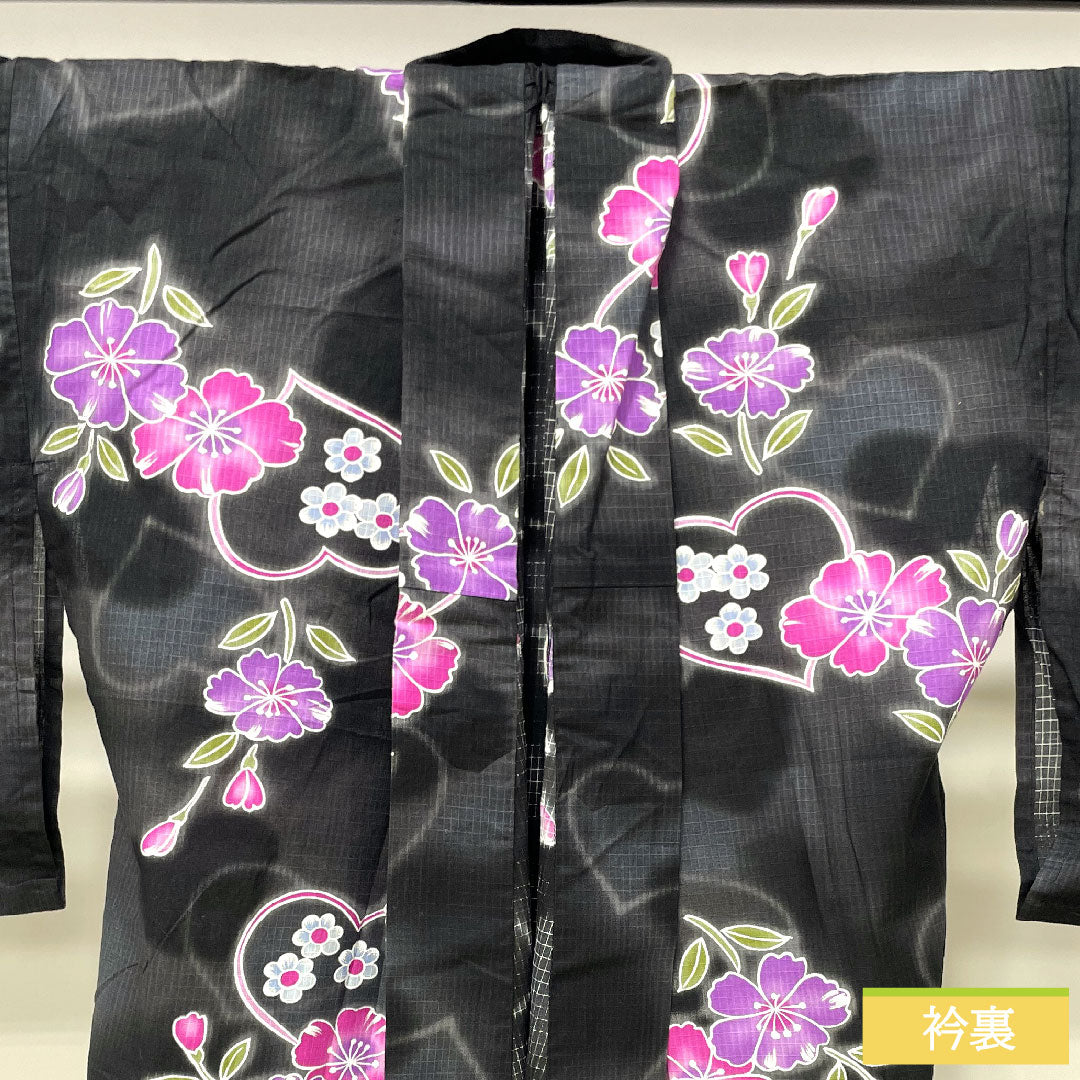 Yukata Cotton Length 163.5cm Sleeve length 67cm S rank Single layer Black Heart Cherry blossom 1118005152410