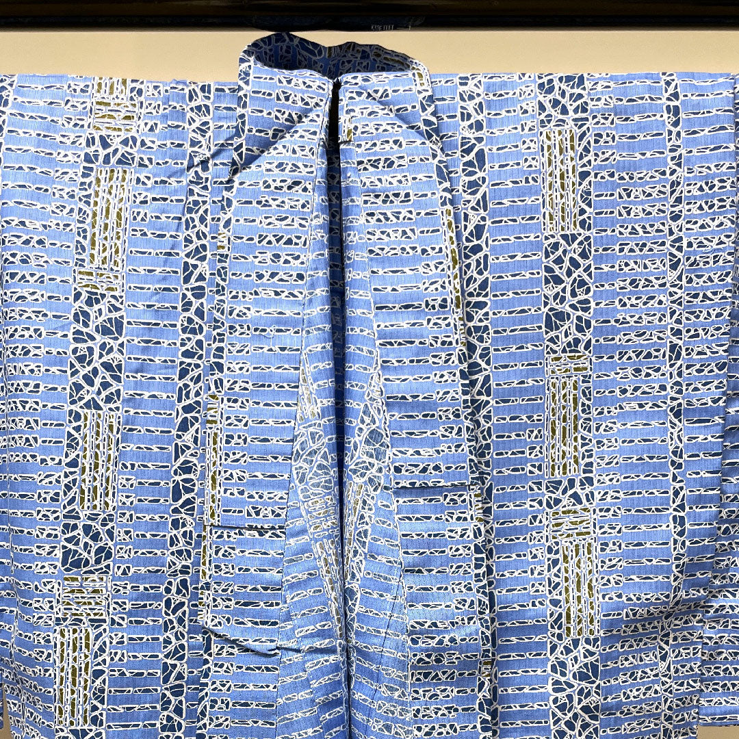 メンズ浴衣 露草色 幾何学模様 木綿 Sランク 単衣 身丈147cm 裄丈69cm 青系 1118002322117