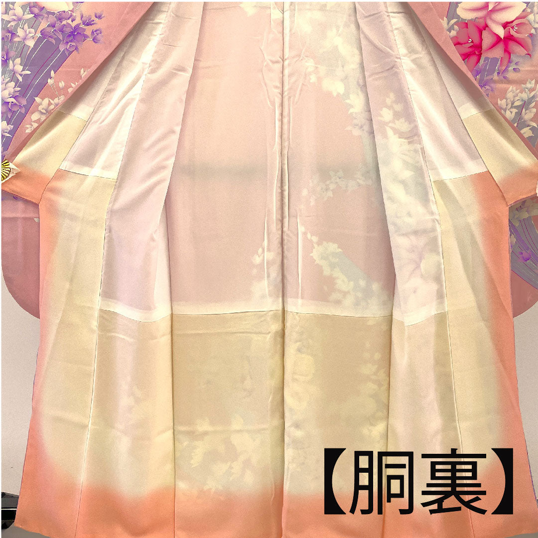 振袖 身丈165.5cm 裄丈64cm 袷  京友禅 花模様 正絹 Aランク ピンク系 1113000563513