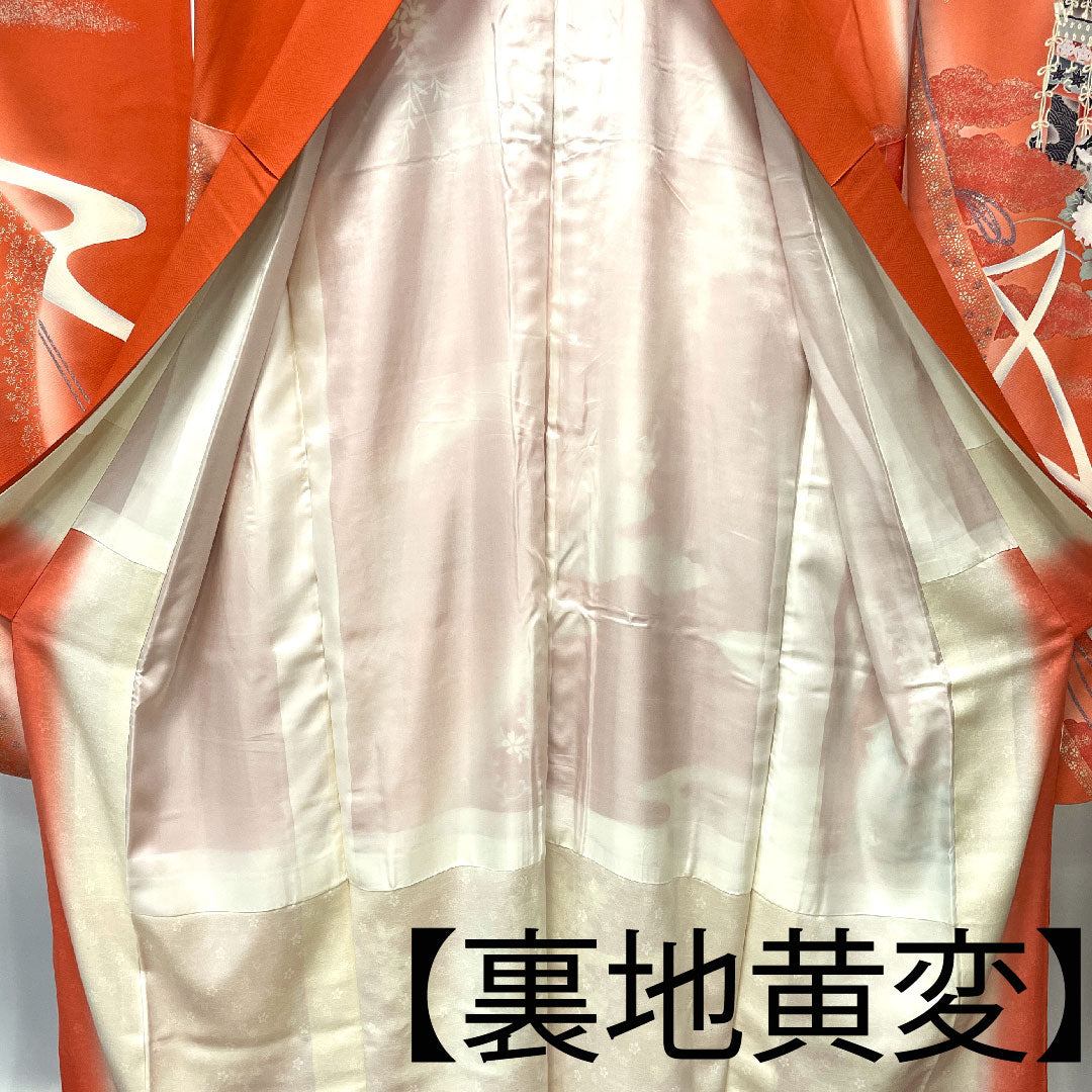 Long-sleeved kimono, length 166cm, sleeve length 63cm, lined, medium red, spear, floral pattern, pure silk, A rank, vermilion, 1113001463516