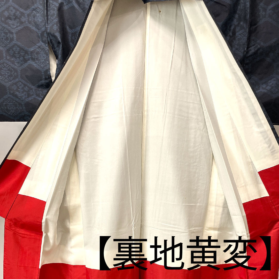 Oshima Tsumugi, Length 160cm, Sleeve length 65.5cm, Dark navy, Weft kasuri, Tortoiseshell, Pure silk, A rank, Lined, Navy, 1116002613418