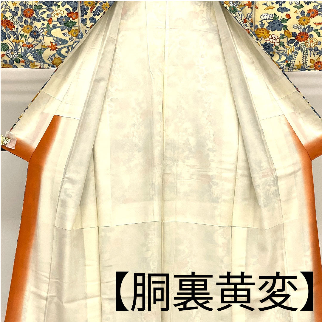 小紋 身丈163cm 裄丈66cm 袷  草花模様  ポリ Aランク クリーム系 1115001663415