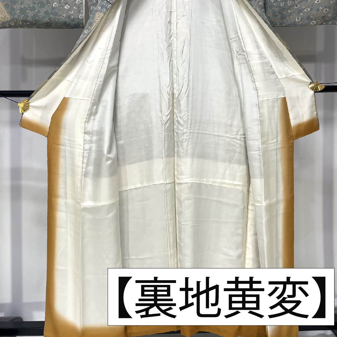 Komon silk S-rank kimono, length 159cm, sleeve length 64cm, lined, Rikyu gray (Rikyu Nezumiiro) crepe fabric, split, chintz, stencil dyed, green, 1115006522319