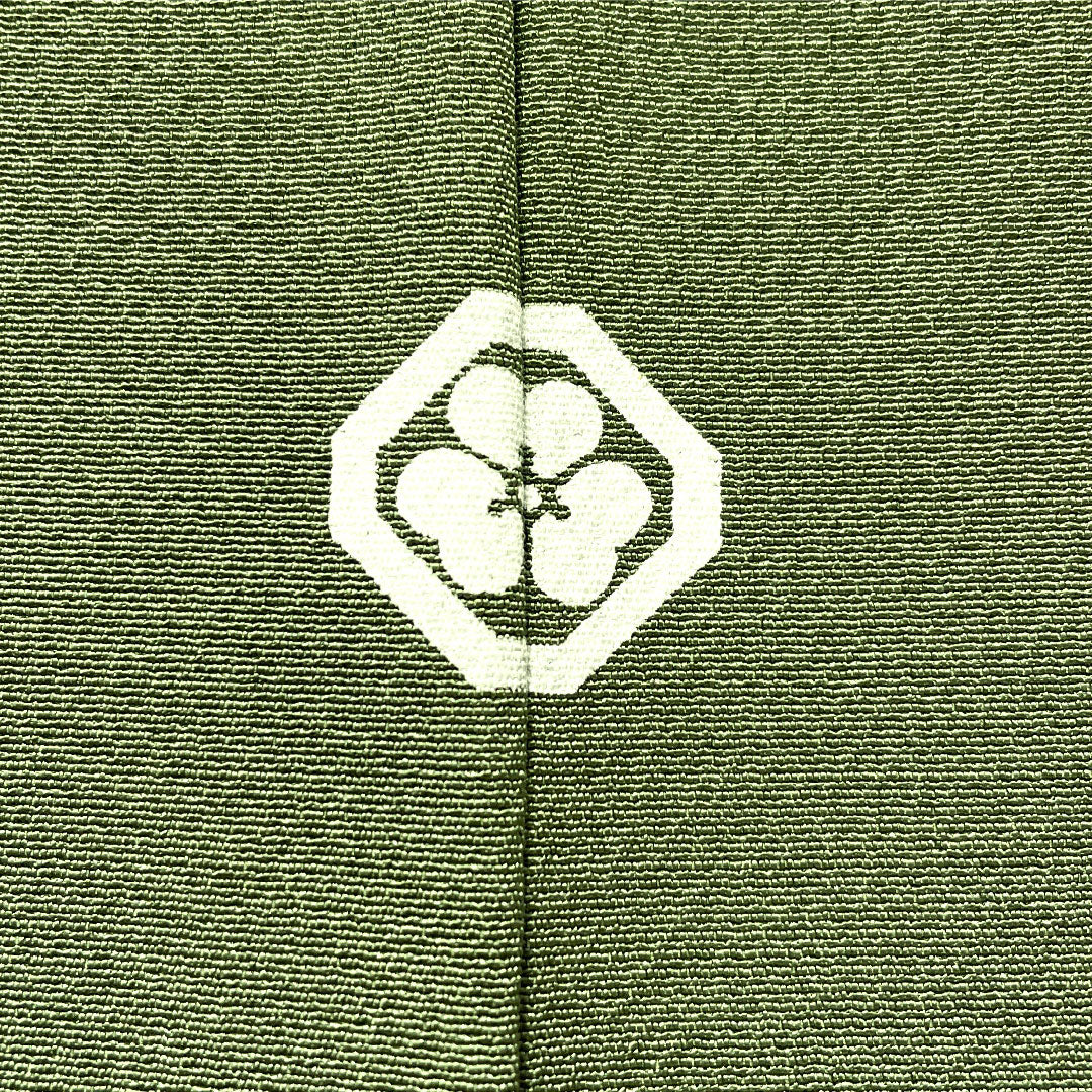Plain color, pure silk, length 150cm, sleeve length 63cm, Bushukan color, plain color, one crest, corner cut corner with katabami, lined, S rank, green, 1114001802119