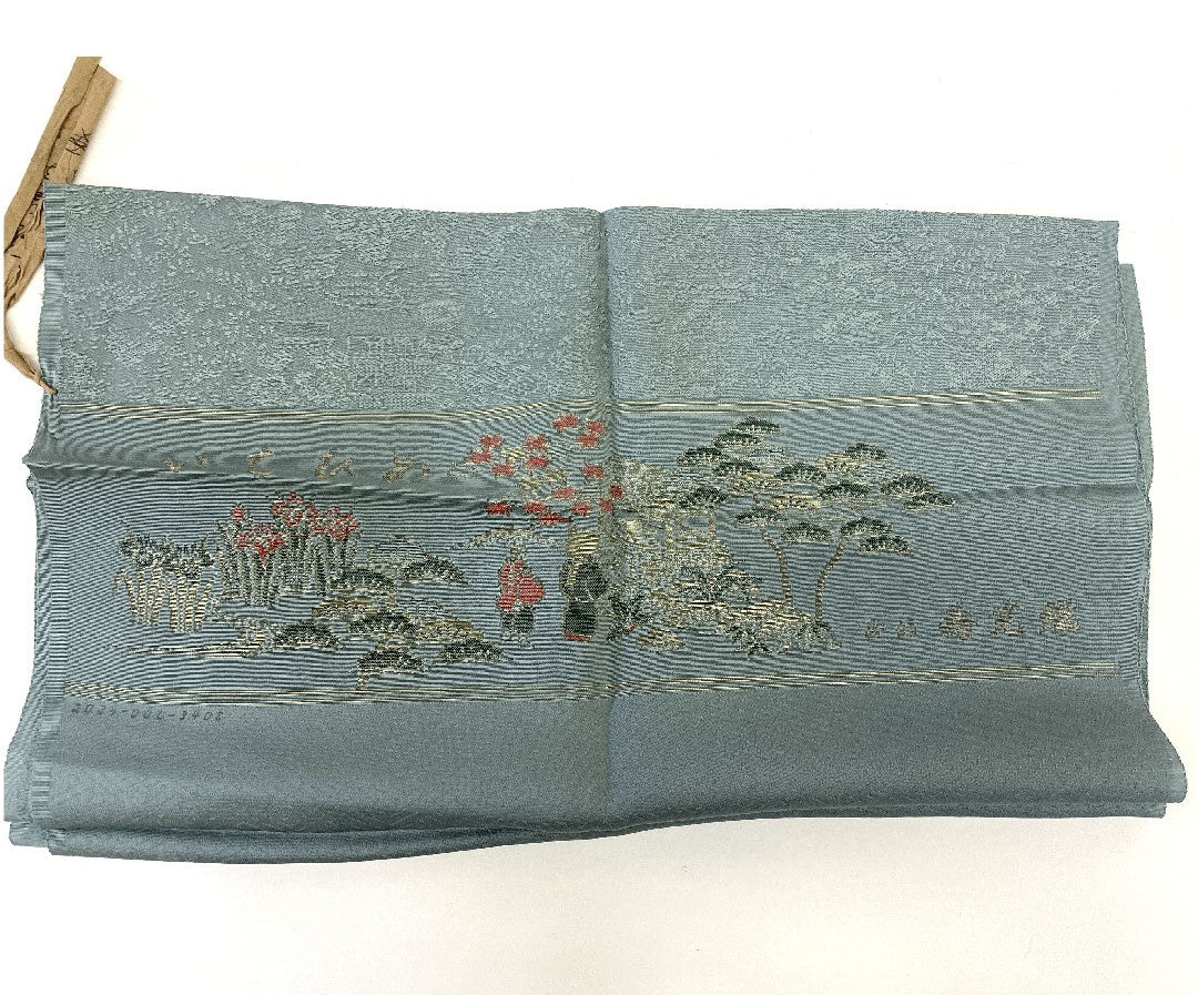 Plain color, Kotobukiori, Temple scenery pattern, Sword and katabami, Length 162cm, Sleeve length 64cm, Lined, Pure silk, S rank, Blue, 1114000302317